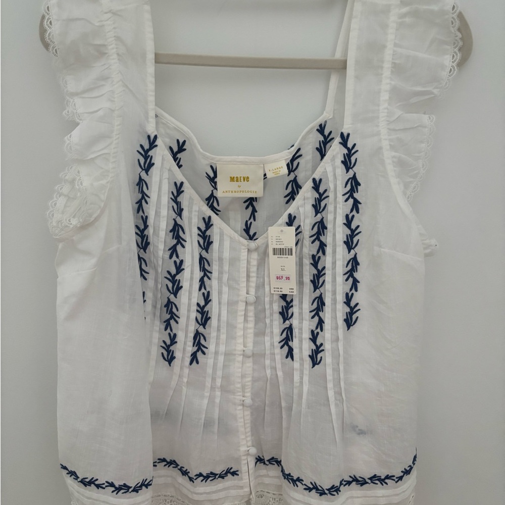Anthropologie Maeve White Top with Blue Embroidery